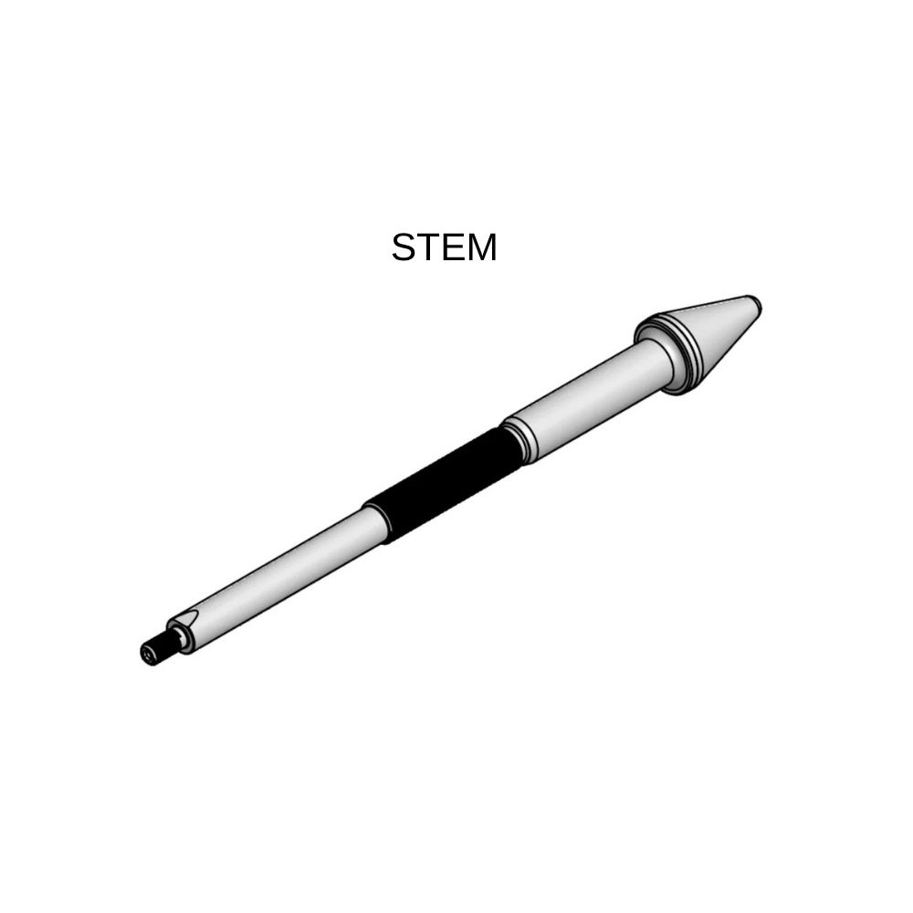 Soldering iron with a black grip, angled to the right, labeled STEM above it.