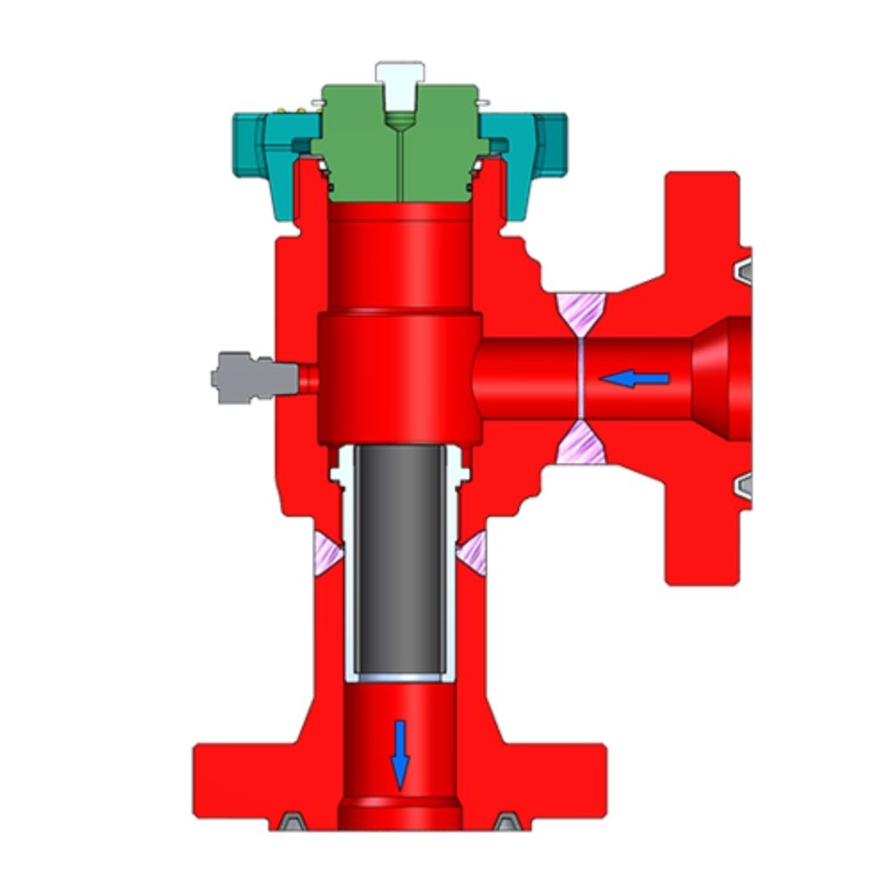 Cross-sectional diagram of a hydraulic cylinder and valve assembly showing piston, seals, and flow arrows indicate fluid direction (downward piston stroke).