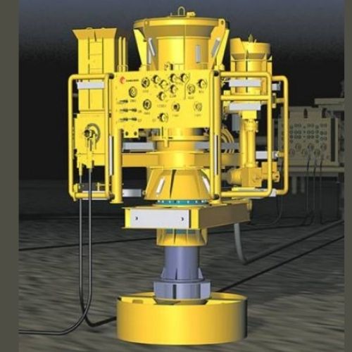 17D Yellow multi-gauge industrial machine with control panels, mounted on a blue stand in a dim lab setting.