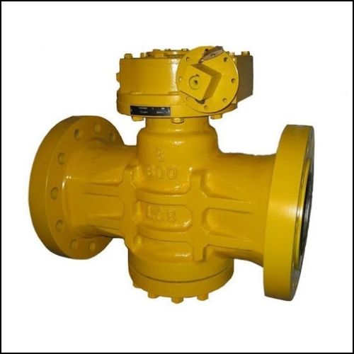 6D Yellow industrial valve with flanged ends and a top actuator, used to regulate flow in a piping system.